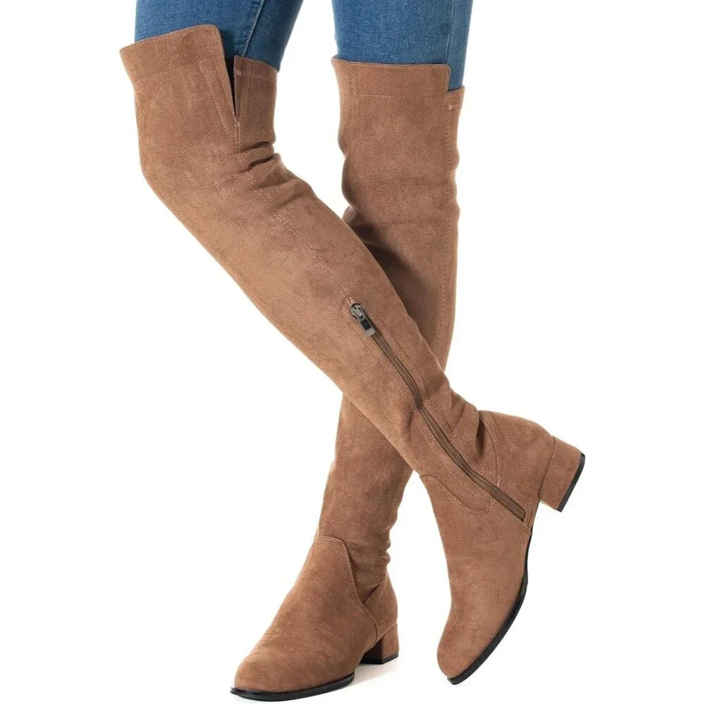 Women Brown/1 Inch Heel Faux Suede Over The Knee Thigh High Low Block Heel Boot